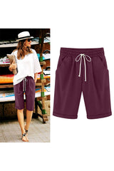 Emo - Women's Elastic Waist Knee Length Casual Cotton Bermuda Shorts with Drawstring