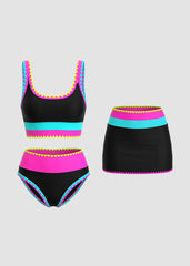Womens Color Contrast Patchwork Nylon Sporty 3 Piece Bikini Sets