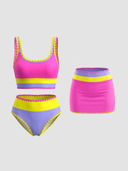 Womens Tummy Control 3 Piece Swimsuit with Skirt High Waisted Bikini