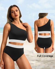 Emo - One Shoulder High Waisted Bikini Sets Two Piece Swimsuit Tummy Control-Pink