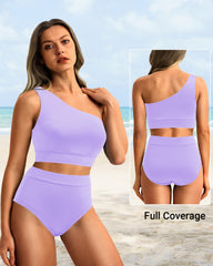 Emo - One Shoulder High Waisted Bikini Sets Two Piece Swimsuit Tummy Control-Pink