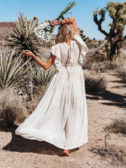 Women Beach Cover Up Dress V Neck Button Drawstring Short Sleeve Dress
