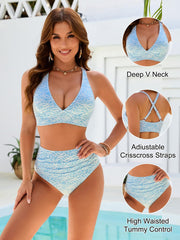 Emo - Women Embroidery Print High Waisted Bikini Sets V Neck Tummy Control Bathing Suit Two Piece Curvy Swimsuits