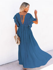 Women Beach Cover Up Dress V Neck Button Drawstring Short Sleeve Dress