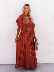 Women Beach Cover Up Dress V Neck Button Drawstring Short Sleeve Dress