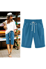 Emo - Women's Elastic Waist Knee Length Casual Cotton Bermuda Shorts with Drawstring