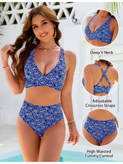 Emo - Women Embroidery Print High Waisted Bikini Sets V Neck Tummy Control Bathing Suit Two Piece Curvy Swimsuits