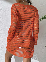 Women Crochet Knit Beach Cover Ups Dress Long Sleeve Hollow Out Sheer Swimsuit Coverups