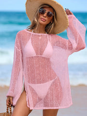 Women Beach Swimsuit Cover Up Sparkle Lightweight Sheer Sexy Crochet Mesh Long Sleeve One Piece Vacation Outfits