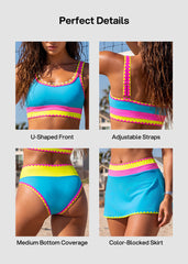 Womens Color Contrast Patchwork Nylon Sporty 3 Piece Bikini Sets