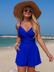 Women Swim Romper With Pocket Tummy Control One Piece Shorts Swimsuit