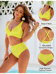 Emo - Women Embroidery Print High Waisted Bikini Sets V Neck Tummy Control Bathing Suit Two Piece Curvy Swimsuits