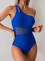 Emo - Women's One Piece Swimsuits Tummy Control Mesh Patchwork Bathing Suit One Shoulder Adjustable Straps