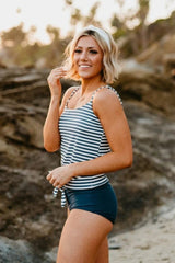Emo - Tie Front Blouson Tankini Set In Seaside Stripe