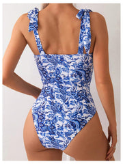 Emo - Women's One Piece Swimsuits Tummy Control Bathing Suits V Neck Boho Tie Shoulder Ruched Full