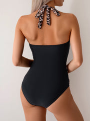Emo - Women One Piece Swimsuit Leopard Splicing Halter V Neck Sexy Tummy Control Push Up Swimwear Back Tie Bathing Suit