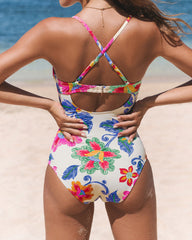 Emo - Beach Floral Colorblock Print Low-cut Slim One Piece Tummy control Swimsuit