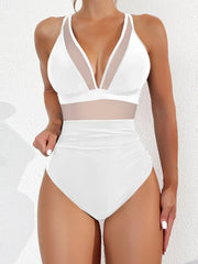 Emo - Women Plus Size One Piece Swimsuit V Neck Mesh Sheer Tummy Control Bathing Suit