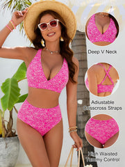 Emo - Women Embroidery Print High Waisted Bikini Sets V Neck Tummy Control Bathing Suit Two Piece Curvy Swimsuits