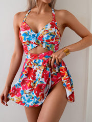 Women Cutout One Piece Skirt Swimsuit V Neck Wrap Tie Back Swimdress Tummy Control Bathing Suits