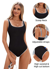 Emo - Women's One Piece Swimsuit Sports Adjustable Strap Bathing Suit Color Block Ribbed High Cut Swimsuits