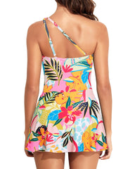 Emo - One Shoulder One Piece Swim Dress for Women Tummy Control Swimsuit with Skirt