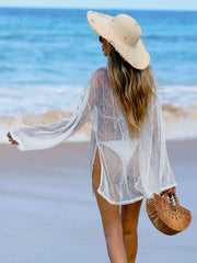Women Beach Swimsuit Cover Up Sparkle Lightweight Sheer Sexy Crochet Mesh Long Sleeve One Piece Vacation Outfits