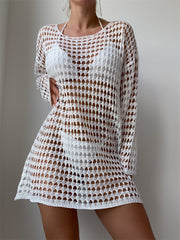 Women Crochet Knit Beach Cover Ups Dress Long Sleeve Hollow Out Sheer Swimsuit Coverups
