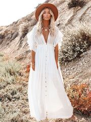 Women Beach Cover Up Dress V Neck Button Drawstring Short Sleeve Dress