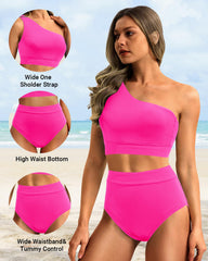 Emo - One Shoulder High Waisted Bikini Sets Two Piece Swimsuit Tummy Control-Pink