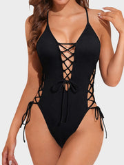 Women Sexy Lace Up One Piece Swimsuit Deep Plunge V Neck High Cut Bathing Suits