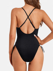 Women Sexy Lace Up One Piece Swimsuit Deep Plunge V Neck High Cut Bathing Suits