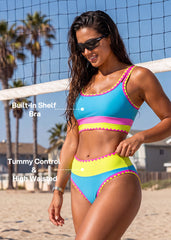 Womens Color Contrast Patchwork Nylon Sporty 3 Piece Bikini Sets