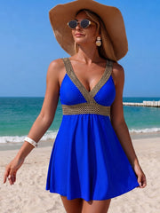 Emo - Women's Black V-Neck One-Piece Swim Dress with Waist Band Detail