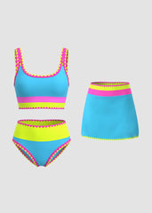 Womens Color Contrast Patchwork Nylon Sporty 3 Piece Bikini Sets