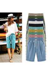 Emo - Women's Elastic Waist Knee Length Casual Cotton Bermuda Shorts with Drawstring
