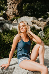 Emo - Tie Front Blouson Tankini Set In Seaside Stripe