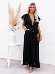 Women Beach Cover Up Dress V Neck Button Drawstring Short Sleeve Dress