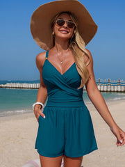 Women Swim Romper With Pocket Tummy Control One Piece Shorts Swimsuit